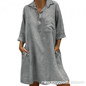 Womens Solid Boho Turn-Down Collar Dress 3 4 Sleeve Casual Pocket Button Dress Gray B07NSW7LVL